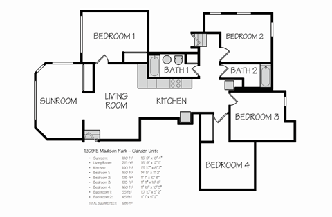 Floor plan for 4 beds, 3 baths, 1200 sqft
